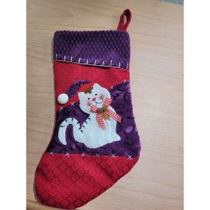 Kitty Cat Christmas Stocking Purple Red Pompom Bells Gingham Ribbon Lined